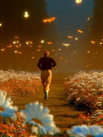 A person runs through a field of flowers with glowing butterflies, bathed in warm light, creating a dreamy, nature-filled scene.