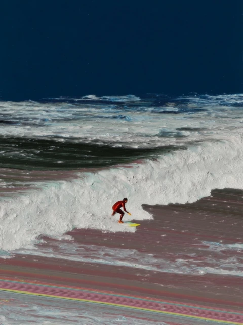 A person in a red suit is surfing a wave on a yellow surfboard in the ocean, under a blue sky.