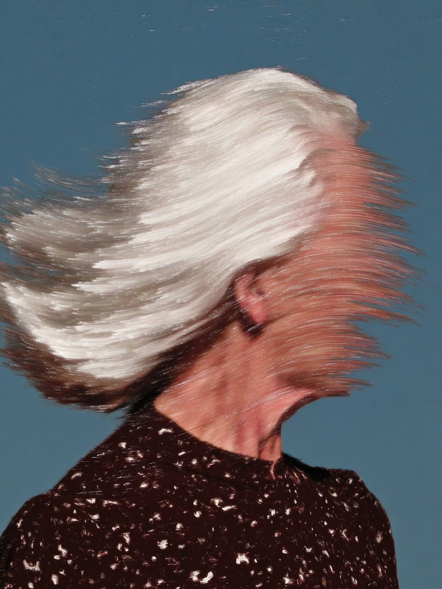 Artistic portrait of an elderly woman with silver hair. The background is a clear blue sky, the image has a painting like aesthetic.