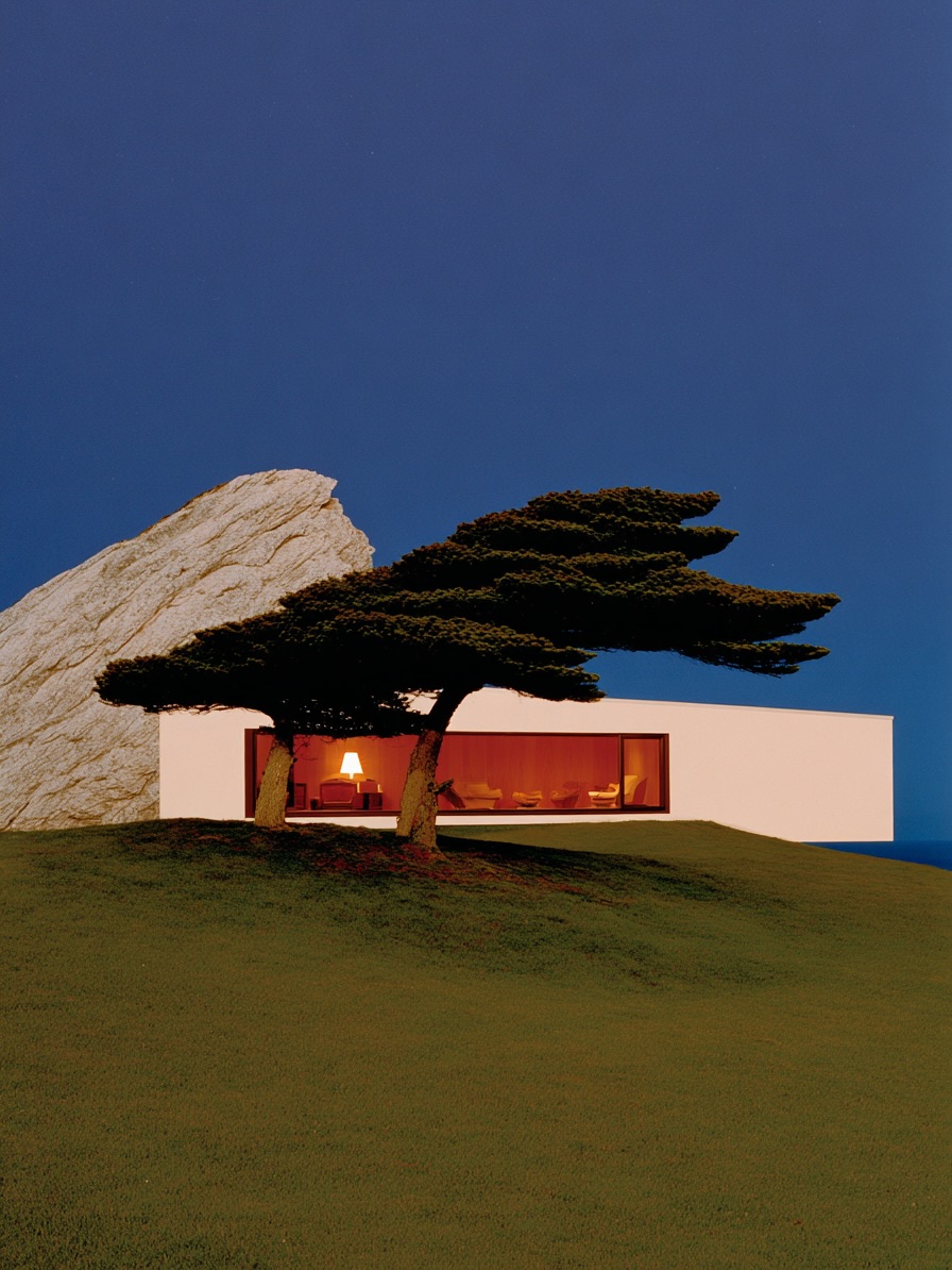Modern white home on grassy hill with two trees, rock formation, and blue sky. Interior visible through the large horizontal window.