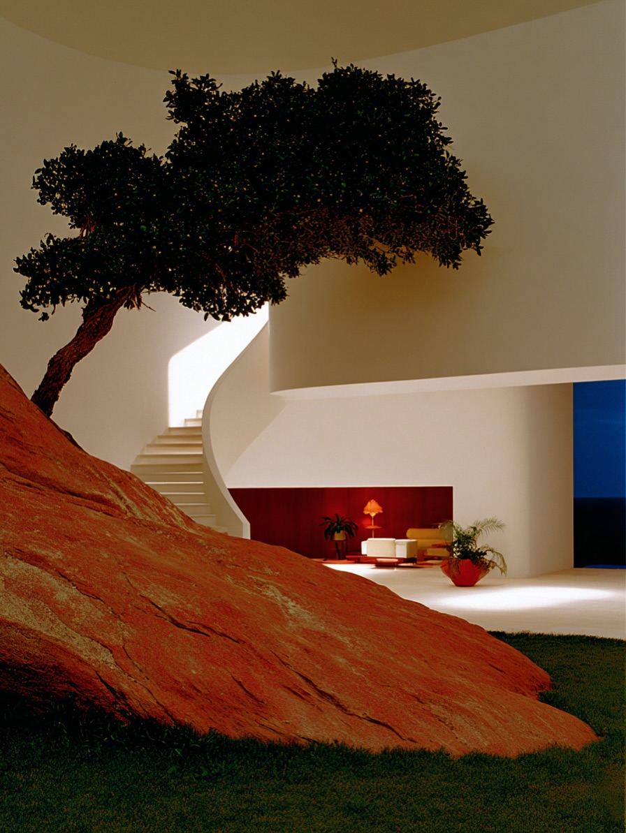 Modern home interior featuring an indoor tree next to an orange rock structure with a curved white staircase in the background.