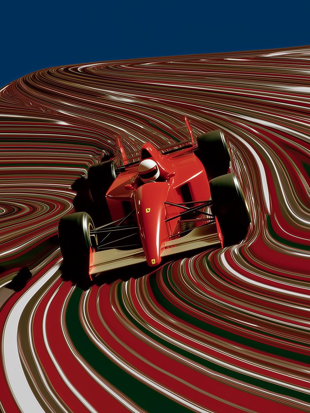 A red race car with a driver is set against a blue sky and a wavy ground with red, green, and white stripes creating a surreal effect.