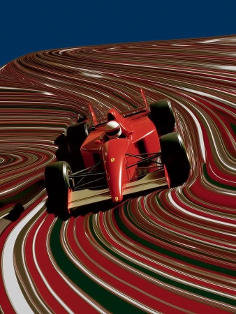 A red race car with a driver is set against a blue sky and a wavy ground with red, green, and white stripes creating a surreal effect.