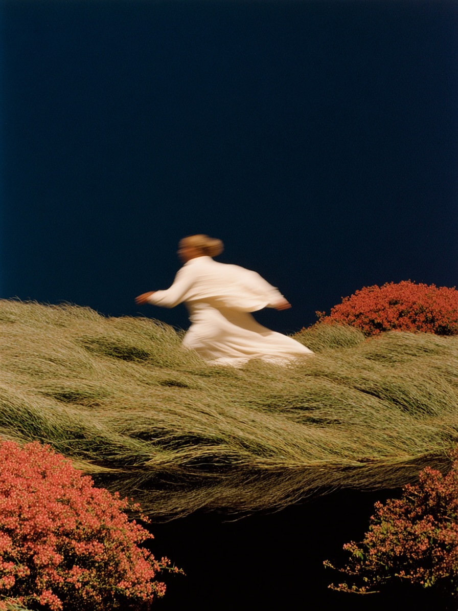 A blurred motion shot shows a person in a light dress running through tall grass with red bushes under a dark blue sky, evoking a sense of freedom.