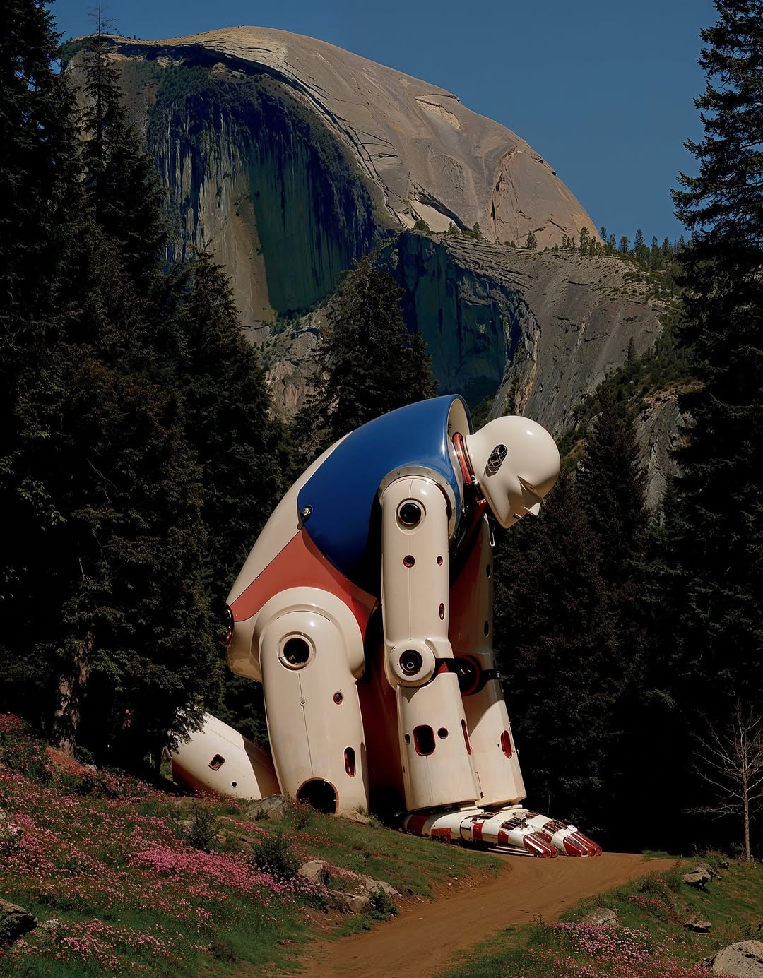 A large, colourful humanoid robot kneels in a mountain landscape with lush forest and a towering mountain in the background under a blue sky.