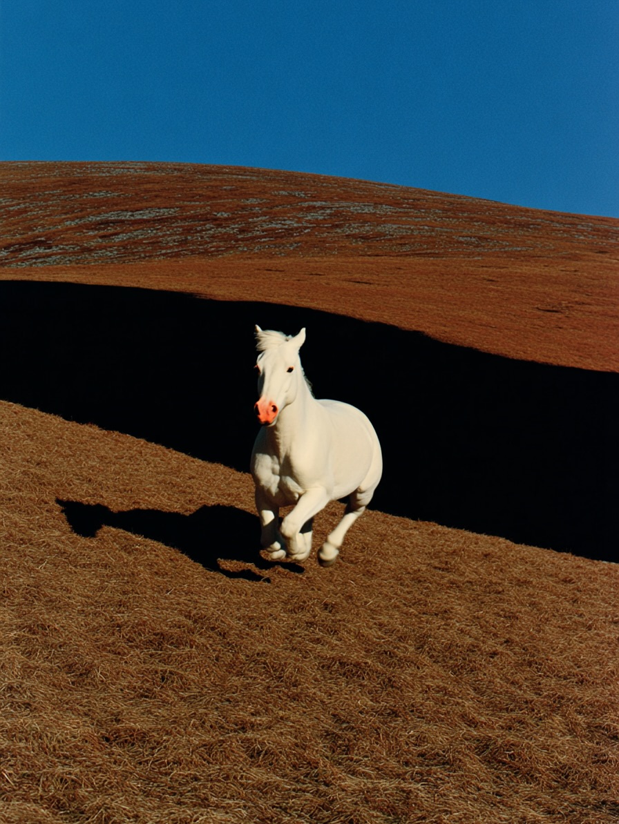 A white horse gallops in a field under a blue sky. The hillside is bisected by a dark shadow creating a study in contrasts.
