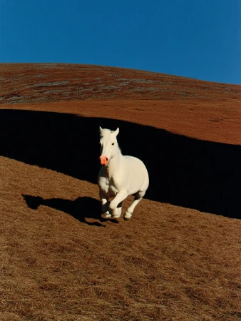 A white horse gallops in a field under a blue sky. The hillside is bisected by a dark shadow creating a study in contrasts.