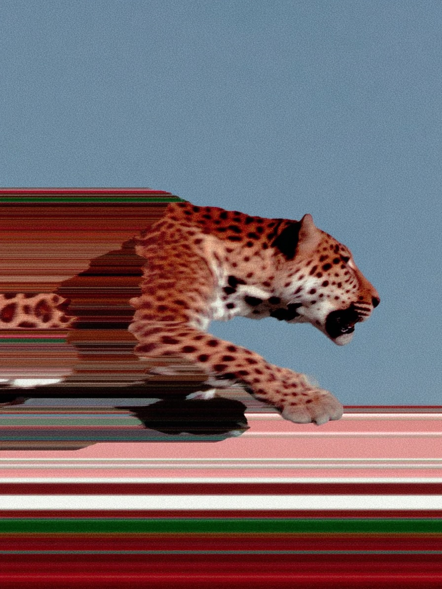 Digital art of a leopard running across a colorful, horizontally-lined background, with a bright blue sky.
