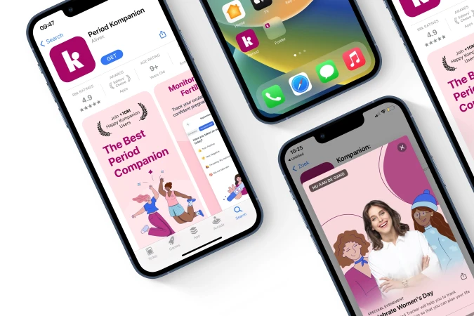 Multiple iPhones displaying the Period Kompanion app interface, showcasing the app's logo, features, and design against a clean white background.