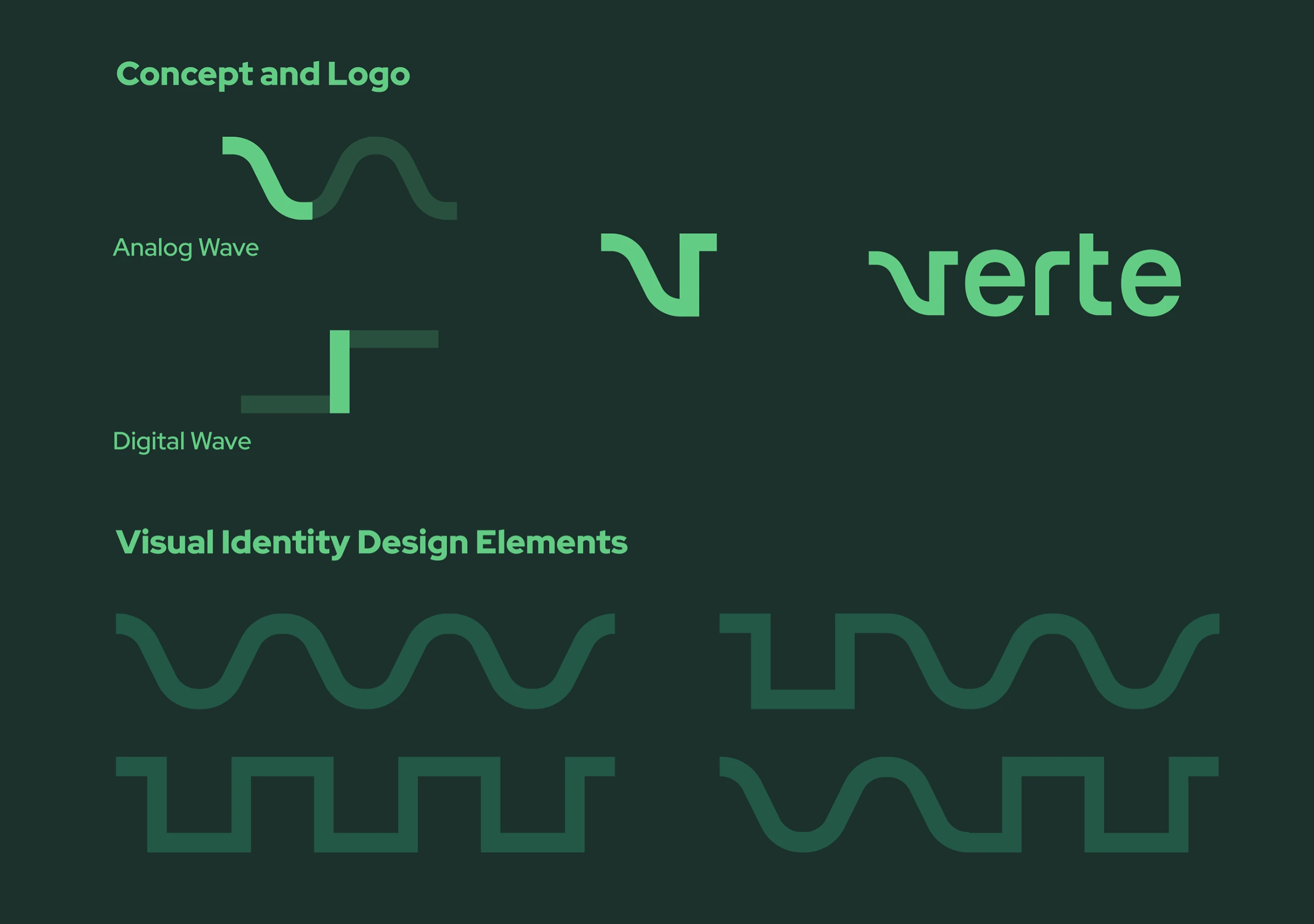 Conceptual design featuring the word 'verte' in a logo and examples of analog and digital waves in shades of green on dark green backdrop.