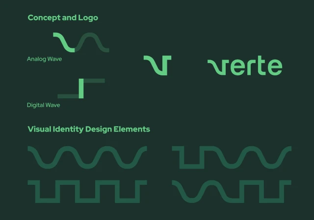 Conceptual design featuring the word 'verte' in a logo and examples of analog and digital waves in shades of green on dark green backdrop.