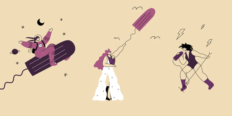 Whimsical illustration featuring an astronaut riding a tampon rocket, a mother and child with a tampon kite, and a singing woman.