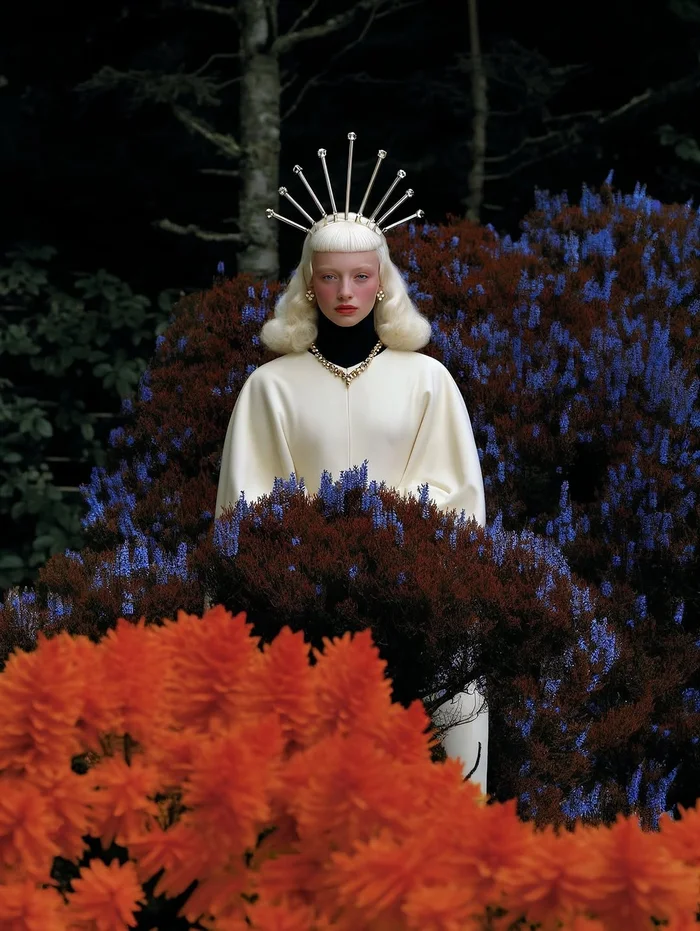 Portrait of a blonde woman wearing a sunburst spiked crown and cream structured cape among vibrant orange and blue flora.