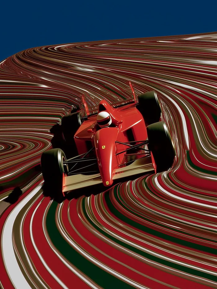 Red Formula 1 racing car on a surreal distorted track with swirling red, white, and green lines under a deep blue sky.