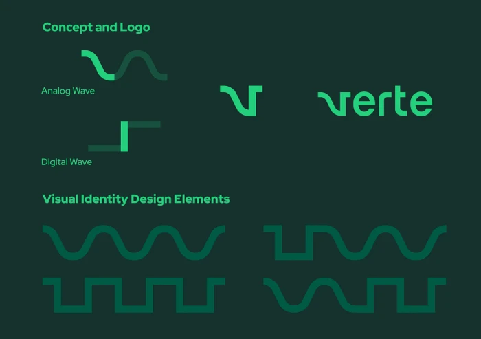 Brand identity design sheet for verte showing analog and digital wave concepts and green graphic elements on a dark green background.