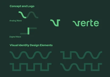 Brand identity design sheet for verte showing analog and digital wave concepts and green graphic elements on a dark green background.