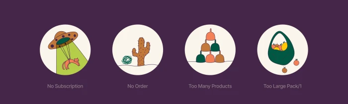 Four circular vector illustrations showing a UFO abducting a cat, a desert cactus, stacked bottles, and a bag of fruit on dark purple.