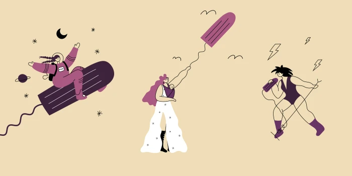Digital illustration of three women creatively interacting with flying and floating giant tampons against a solid warm beige background.
