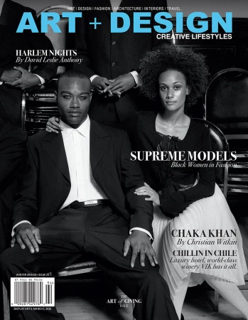 Black and white Art + Design magazine cover featuring a Black man in a dark suit and a Black woman with an afro seated together.