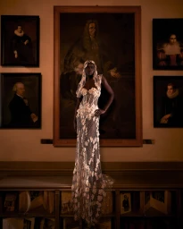 A Black woman in an intricate sheer hooded gown with white floral appliques poses in front of framed classical oil portraits.
