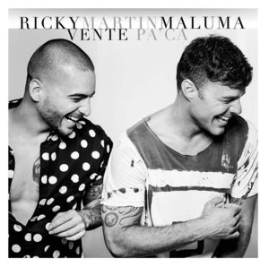 Black and white photo features Ricky Martin and Maluma in casual attire against a bright background, with their names visible above them.