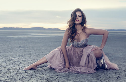 Woman in formal gown poses in a cracked, dry desert under a cloudy sky. Brown hair, red lipstick, beaded bodice, draped gown.