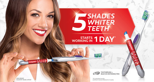Smiling woman with long brown hair holds Colgate Optic White toothbrush and whitening pen in advertisement for teeth whitening.