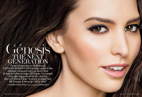 Close-up portrait of a woman with brown hair and light makeup, with text overlay advertising a beauty product on a magazine page.