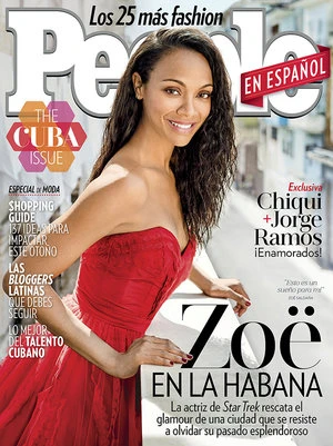 Zoe Saldana graces the cover of People en Español, red dress, Havana backdrop. "Cuba Issue" headlines, celebrity fashion editorial photography.