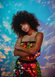 Portrait of a woman with curly hair wearing a multicolored sequin top against a projected blue light pattern background.