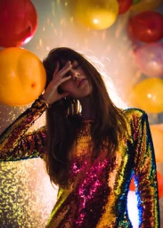 Woman in glittering multicoloured sequin dress posing among colourful balloons with her hand to her forehead