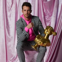 Man in a black and white houndstooth suit wearing a bright pink hoodie while holding a golden classical bust statue