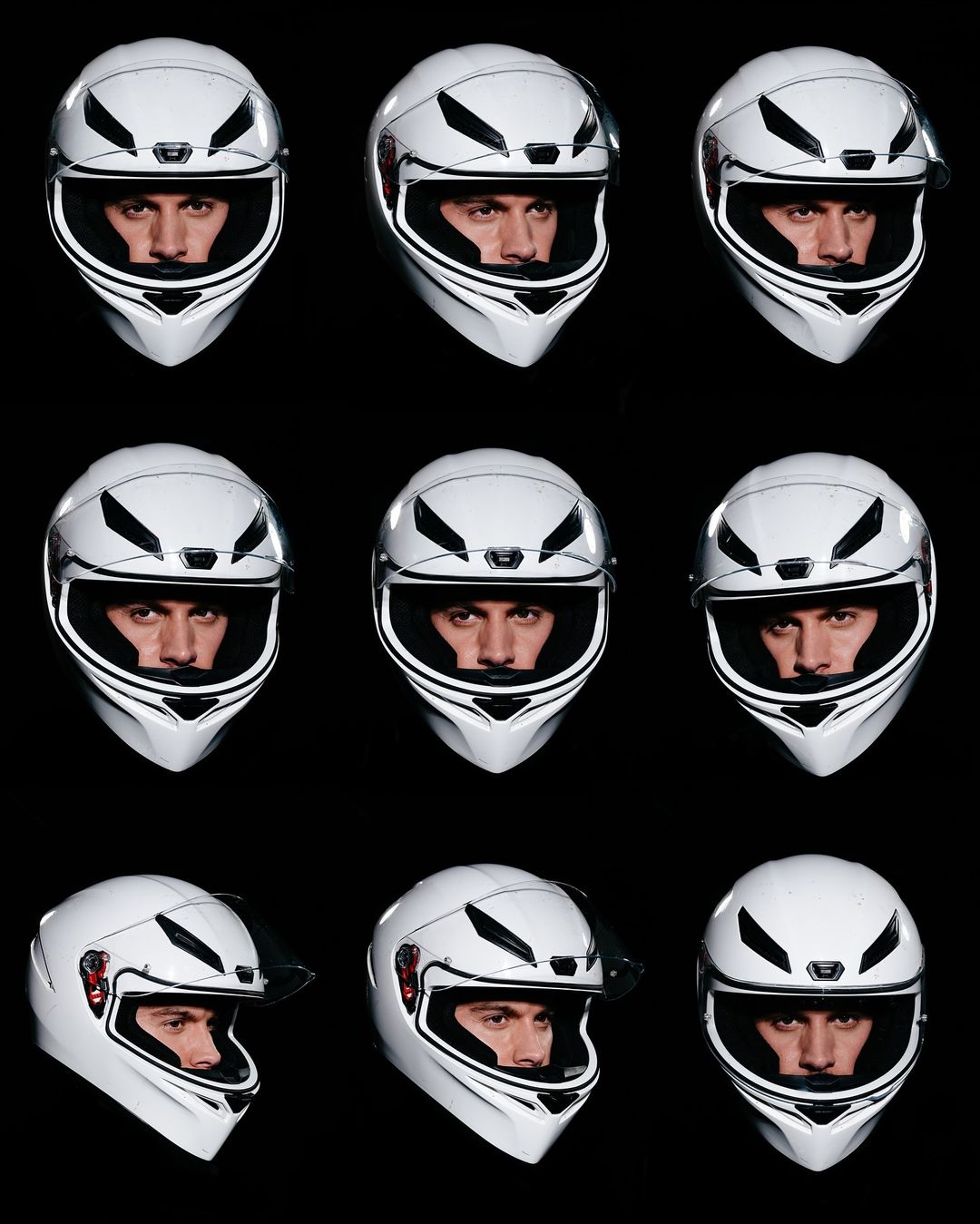 Nine images of a male wearing a white motorcycle helmet with a dark visor, displayed against a black background, showcasing protective headgear.