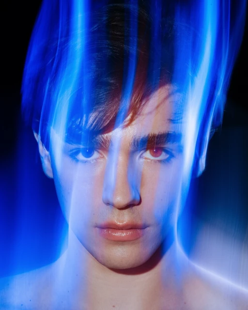 Portrait of a young adult male with dark hair, pale skin, and red eyes, illuminated with blue lighting and a black background.