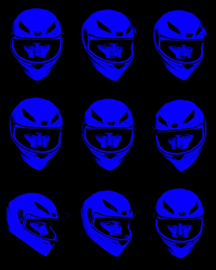 Digital artwork shows a grid of nine blue motorcycle helmets on a black background, rendered in a graphic style with bright, even lighting.