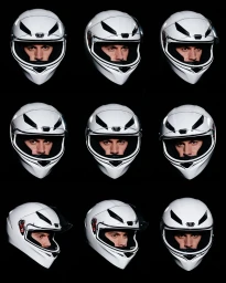 Nine-panel grid showing a man wearing a white full-face motorcycle helmet from various angles against a black background.