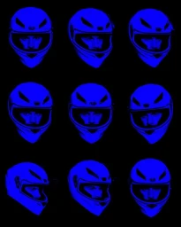 Grid of nine blue motorcycle helmets showing different head angles against a black background
