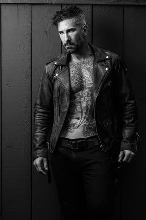 Black and white portrait of a tattooed man wearing a leather jacket, standing in front of a wood paneled wall, medium shot.