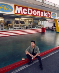 Man in distressed olive jacket and black ripped jeans sitting outside a McDonald's restaurant in Los Angeles by Alvin Nguyen.