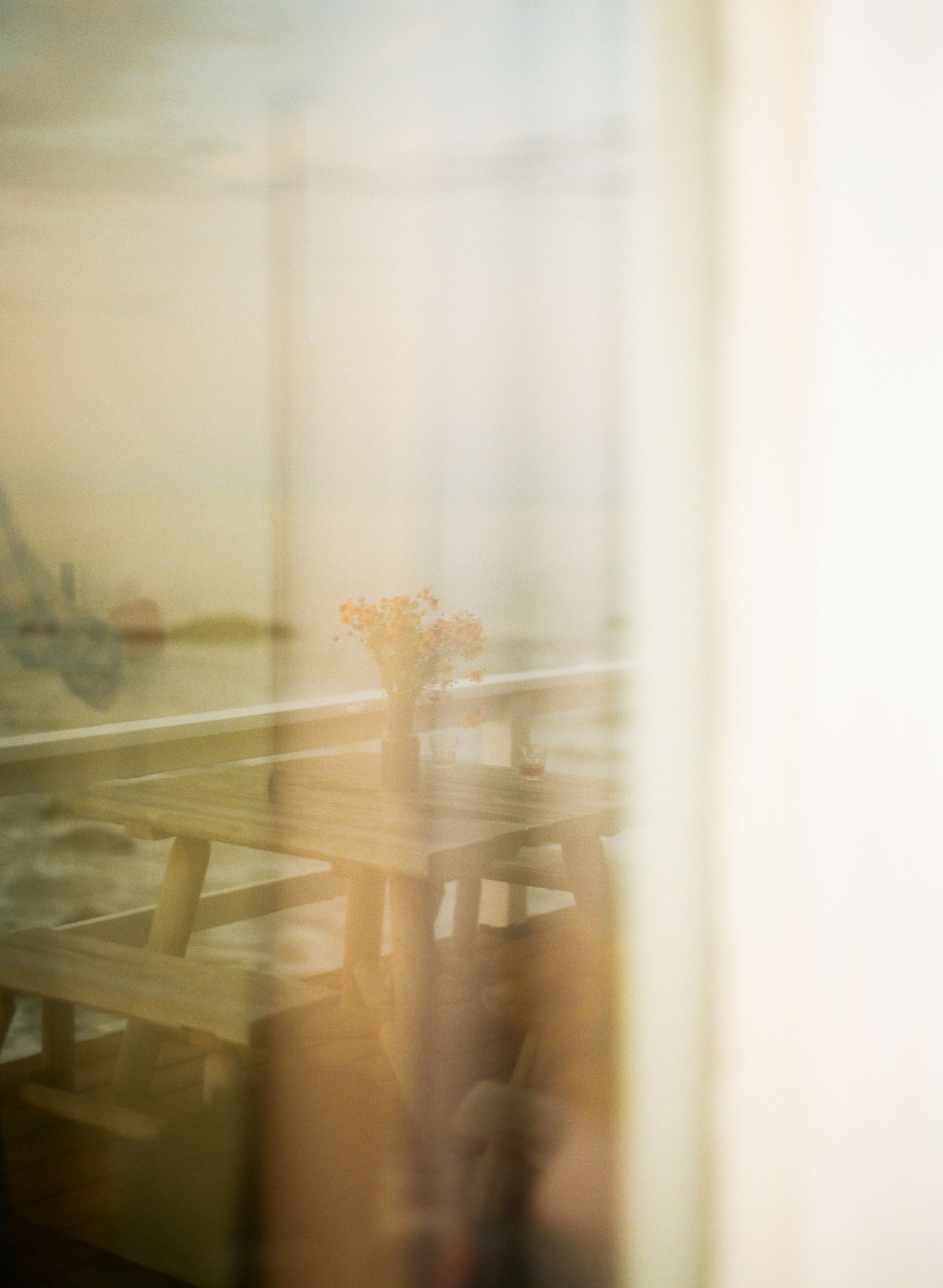 Flowers in a vase on a wooden table, seen through a window with a view of the ocean, evoking a serene, tranquil atmosphere.