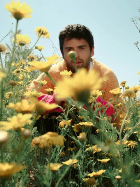 Adult male in a field of yellow daisy flowers, medium shot, low angle, wearing an orange sweater and pink gloves, against blue sky.