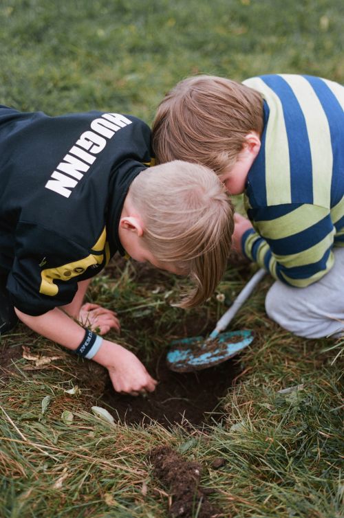 Two children are digging in the dirt with a small shovel outdoors on a grassy field, wearing casual clothing, in a ground-level shot.