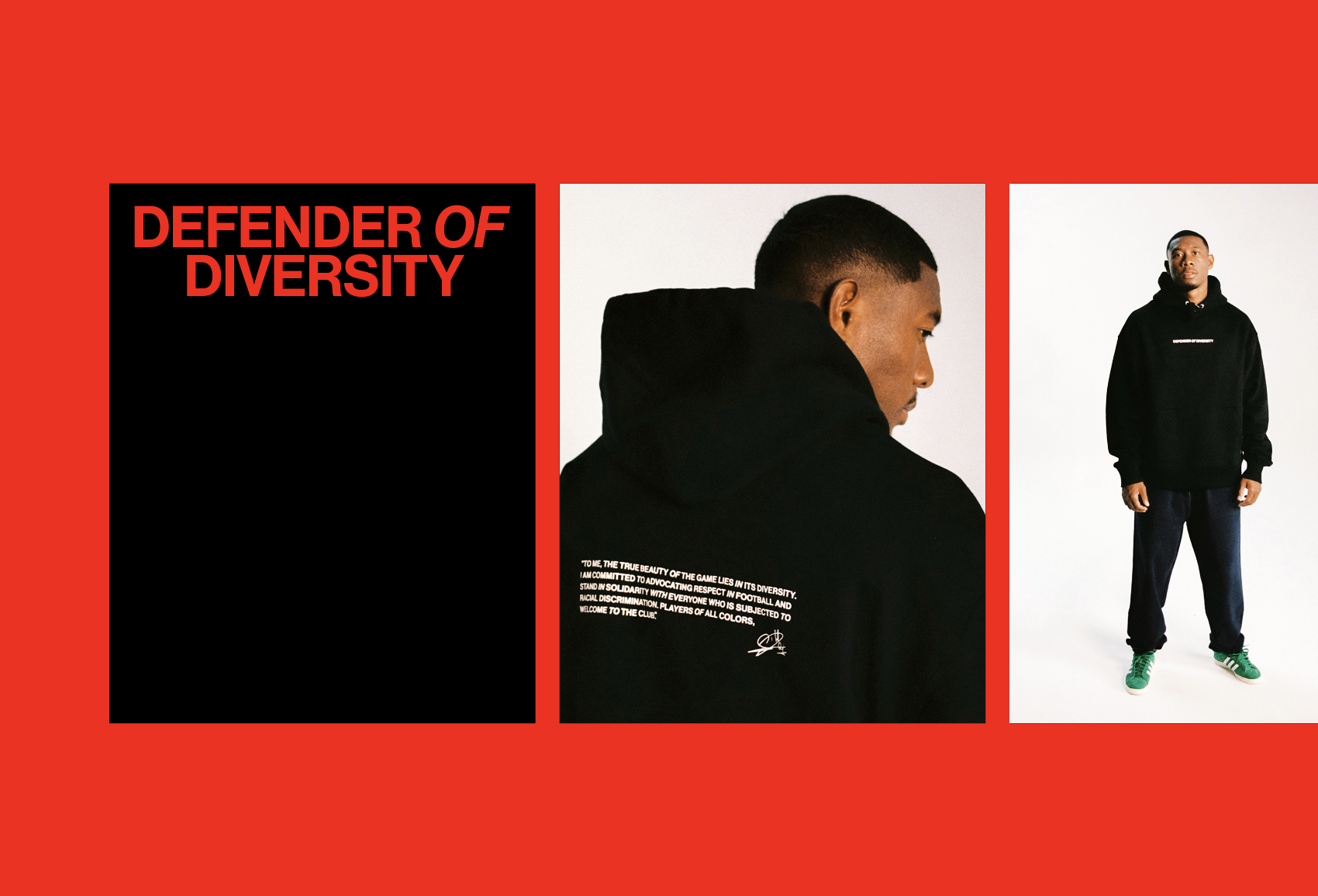 Three panels showcase a 'Defender of Diversity' message with an adult male model wearing a branded hoodie and sweatpants on a red background.