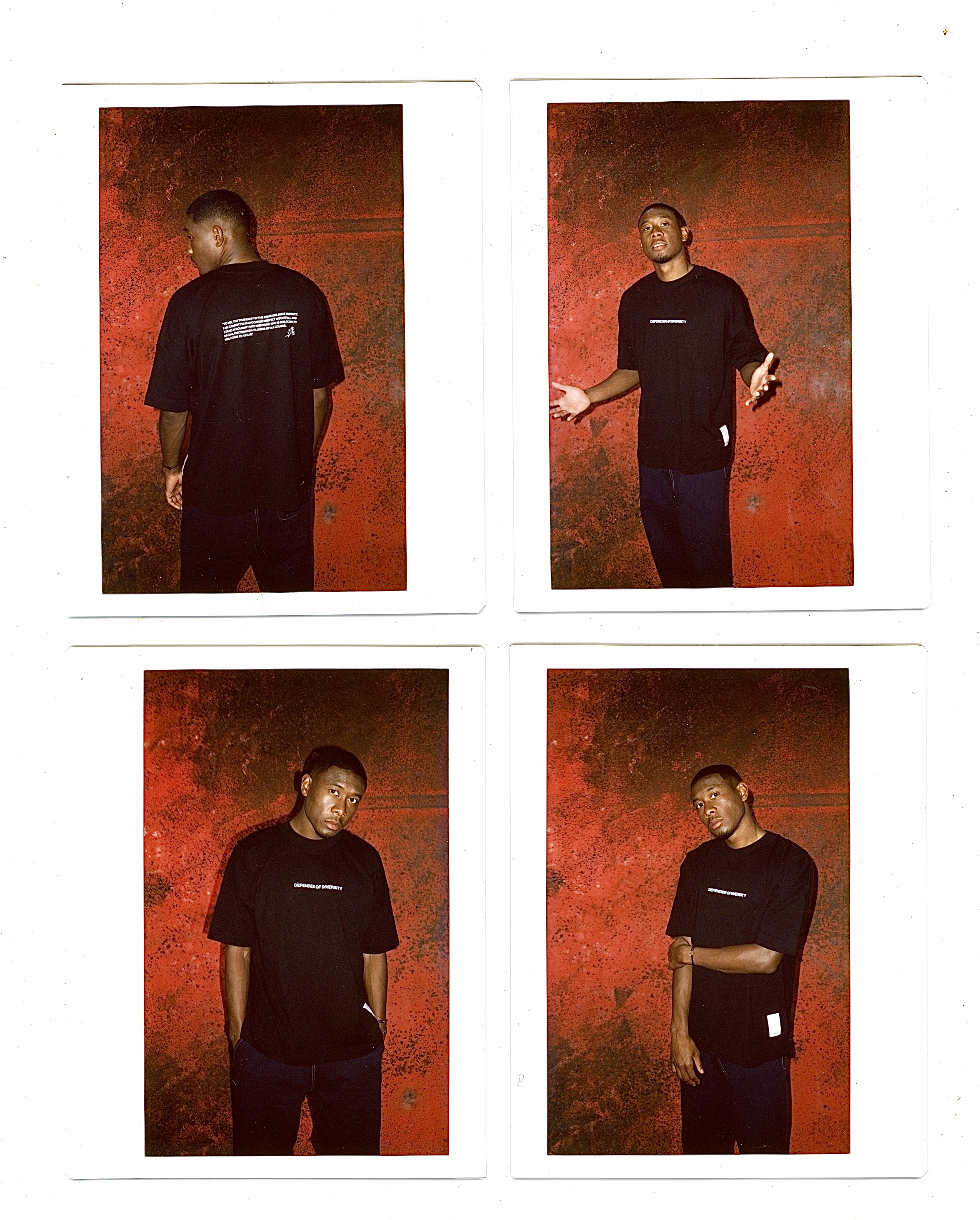 Four images of a young adult male wearing a black t-shirt and navy pants against a textured, reddish-brown background.
