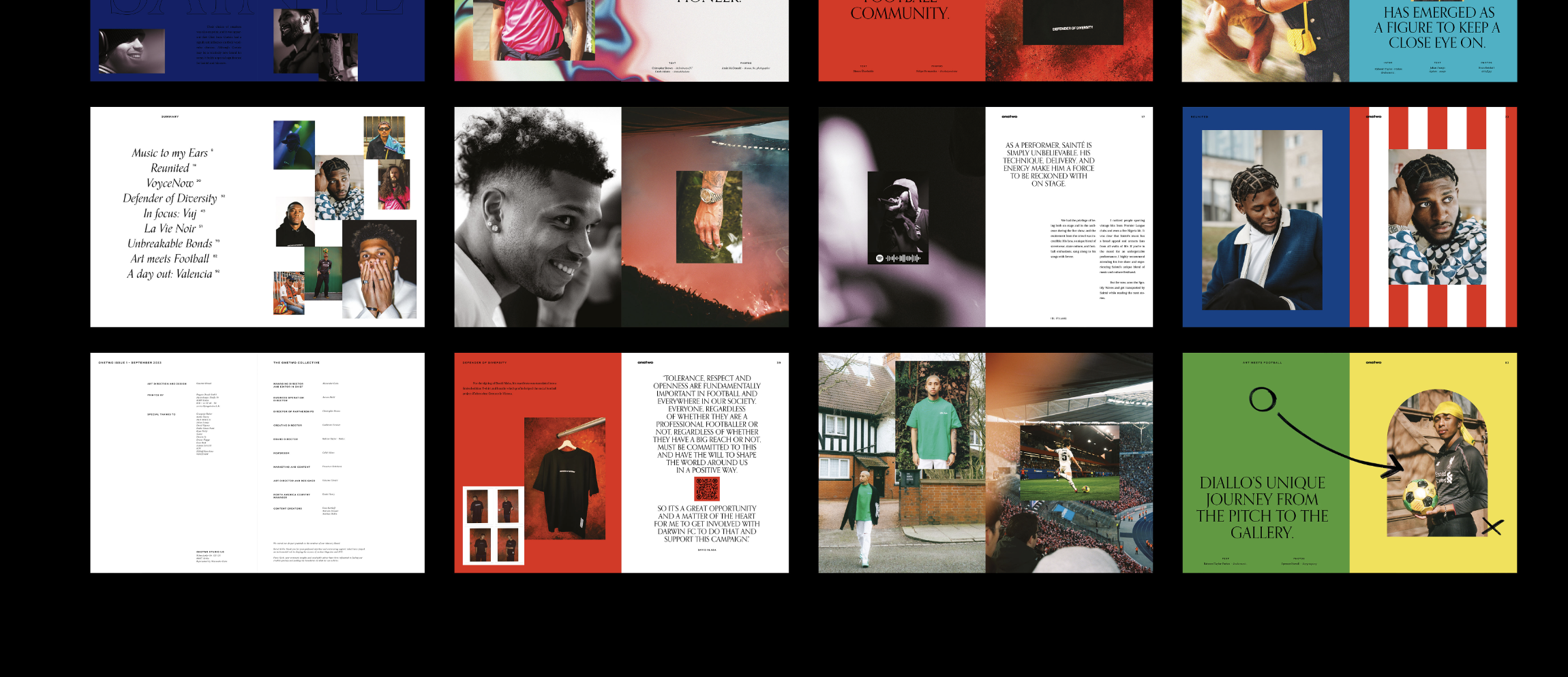 Magazine spread featuring portraits, typography, and graphics related to music, football, and culture.