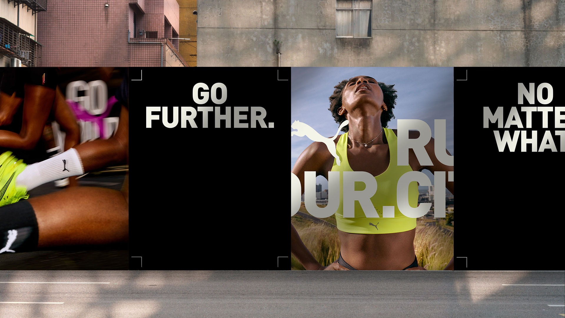 Puma advertisement featuring athletic African-American woman in sports bra, along with the words 'Go Further' and 'Run Our City.'