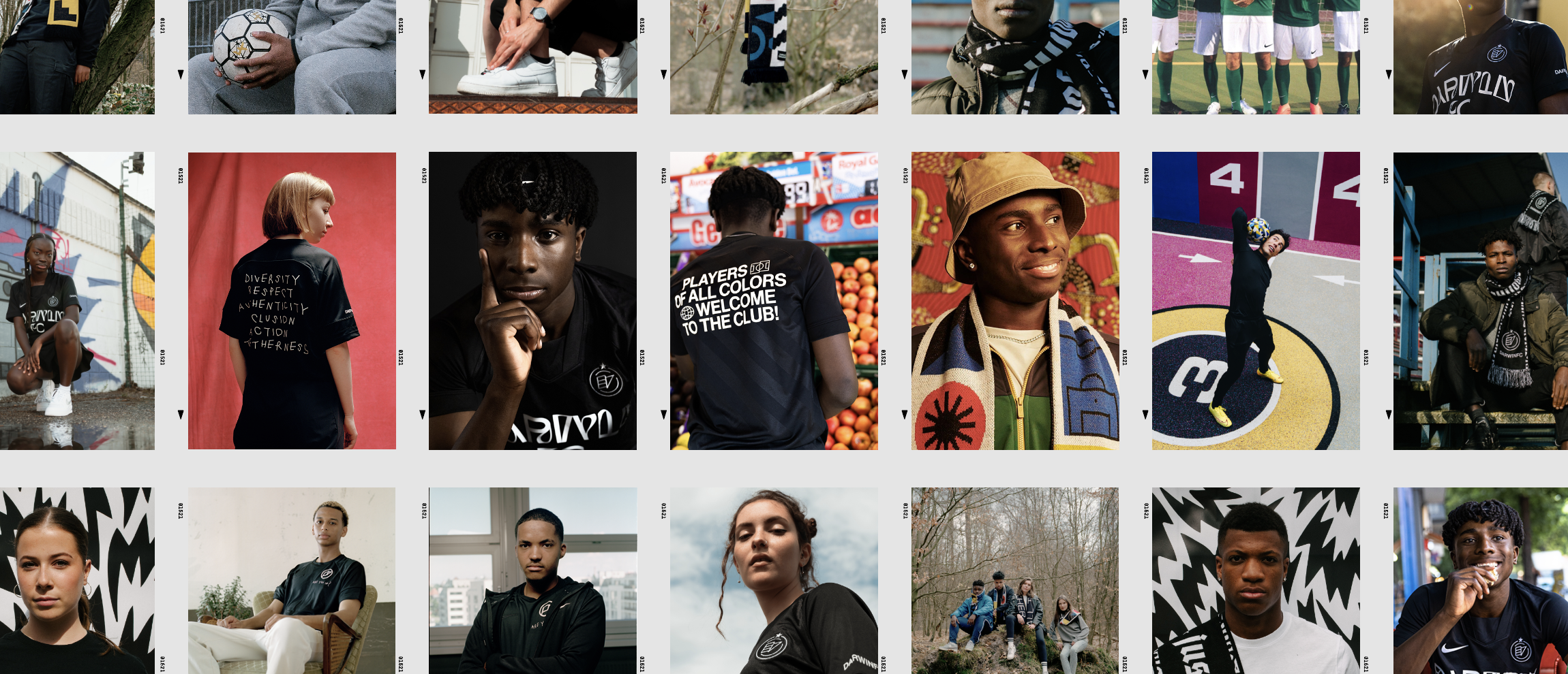 Grid of diverse people wearing soccer apparel, set against varied backgrounds and locations, showcasing a blend of fashion and sport.