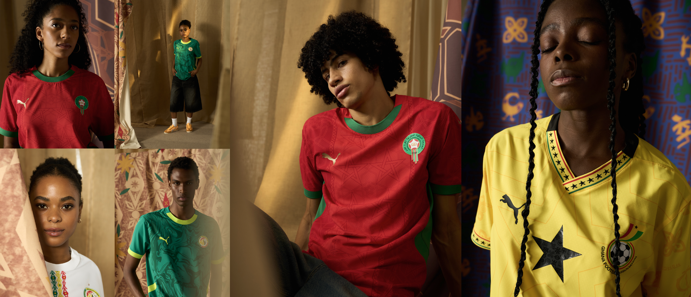 Models showcase soccer jerseys in a collage-style image; including green, red, and yellow designs against patterned backdrops.