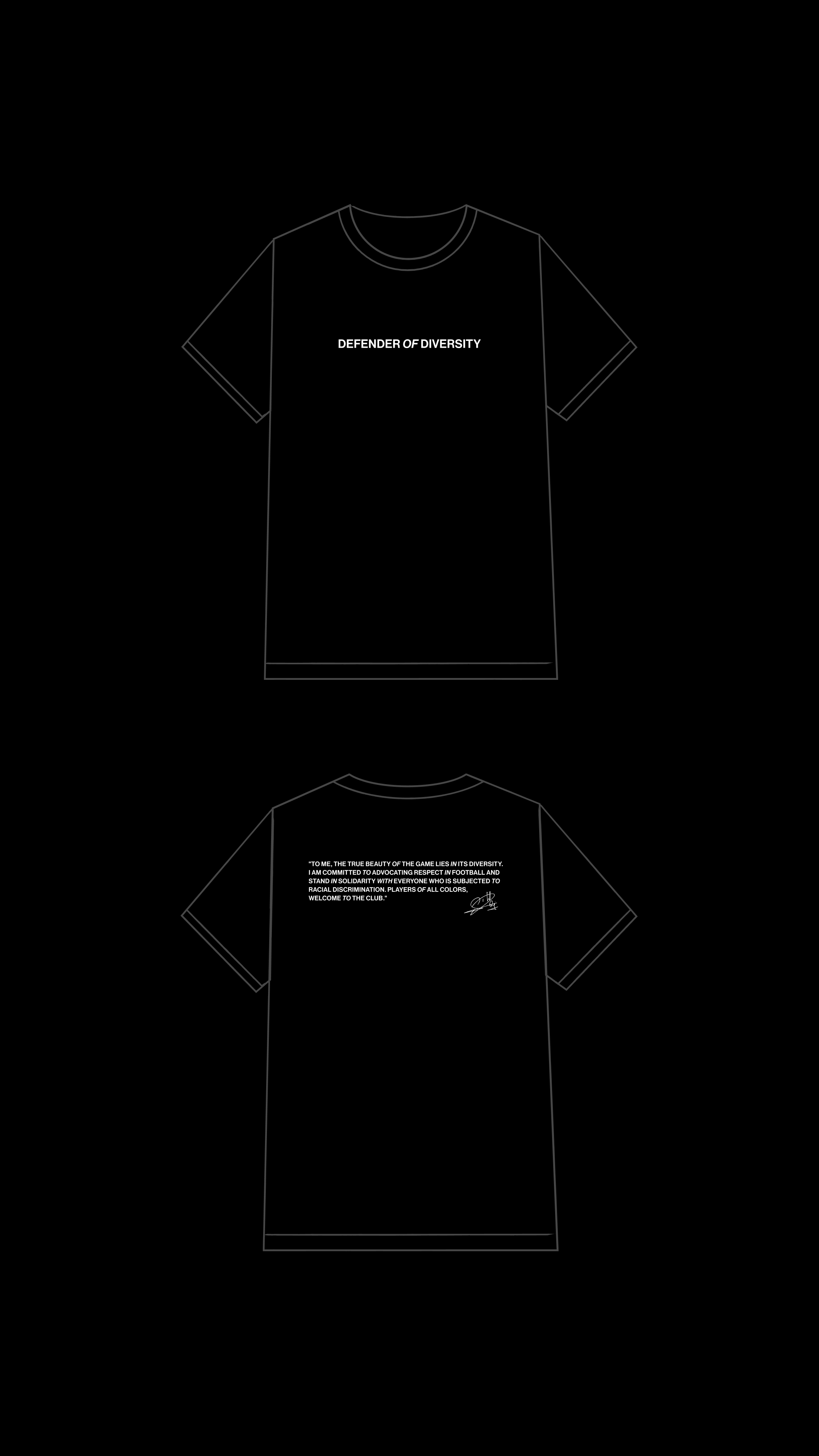 Two graphic tees featuring minimalist designs and text on a solid black background in a studio-lit product-style shot. Front and back views.