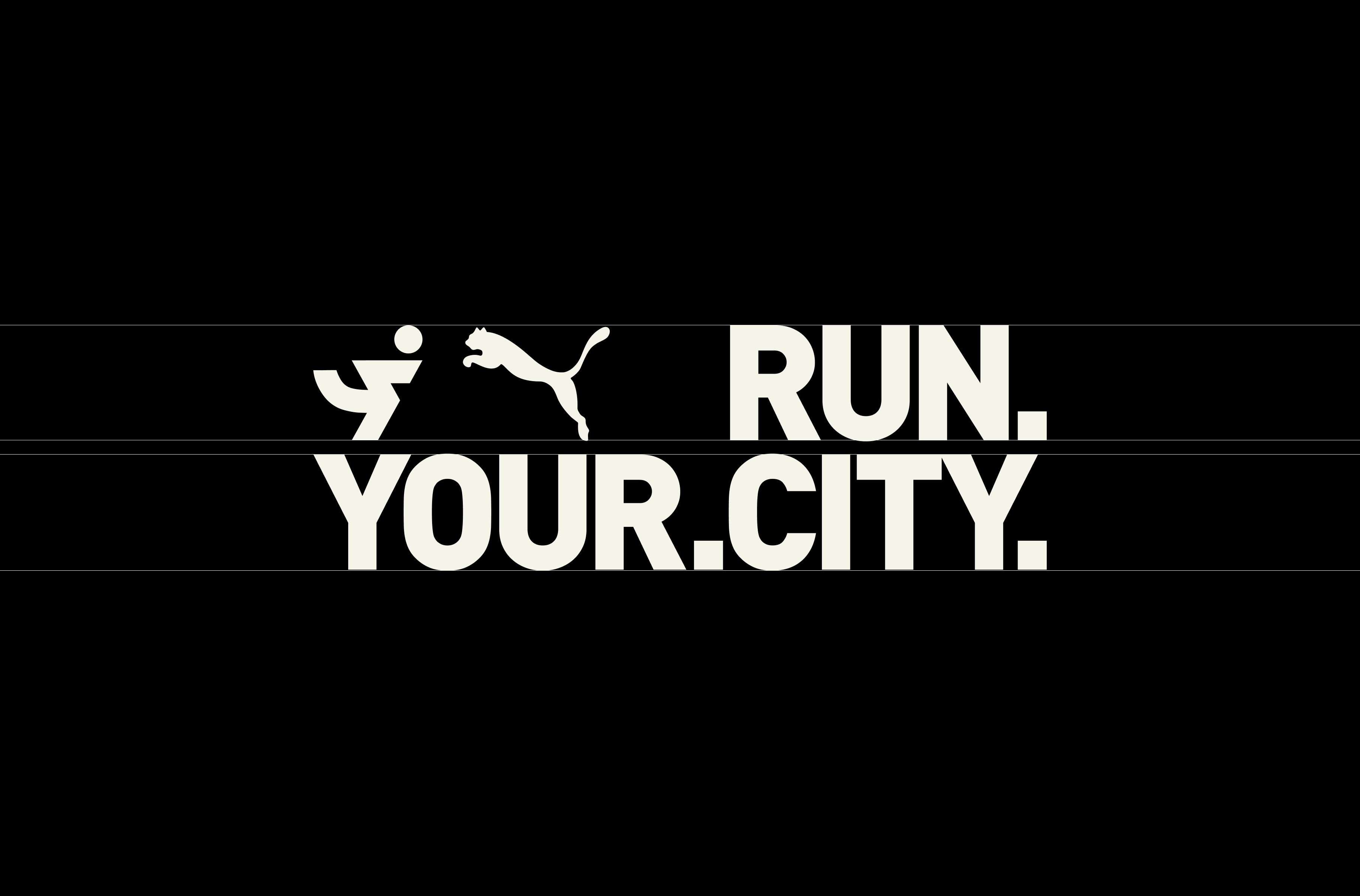Puma advertisement with running figure and cat, promoting 'Run Your City' in white text on a black background with horizontal lines.